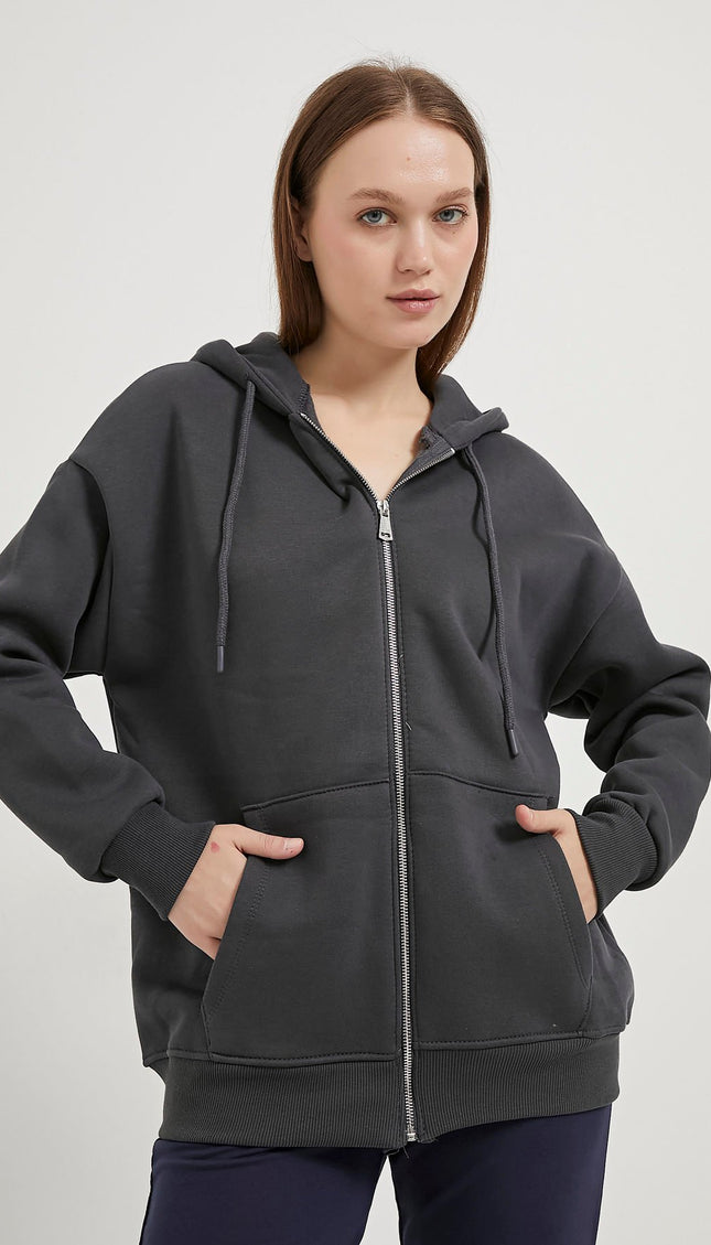 Übergrosser Damenpullover mit Kapuze, Reissverschluss und Riemchen