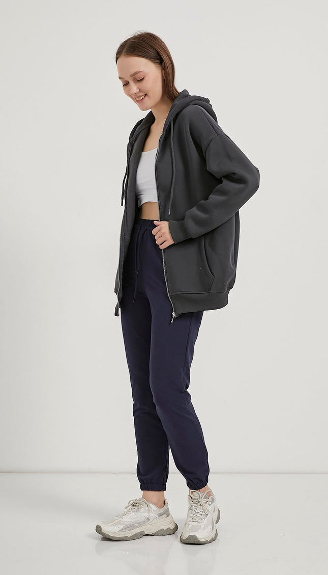 Übergrosser Damenpullover mit Kapuze, Reissverschluss und Riemchen