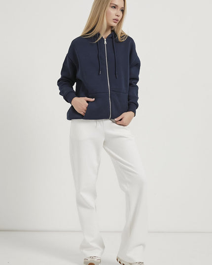 Übergrosser Damenpullover mit Kapuze, Reissverschluss und Riemchen