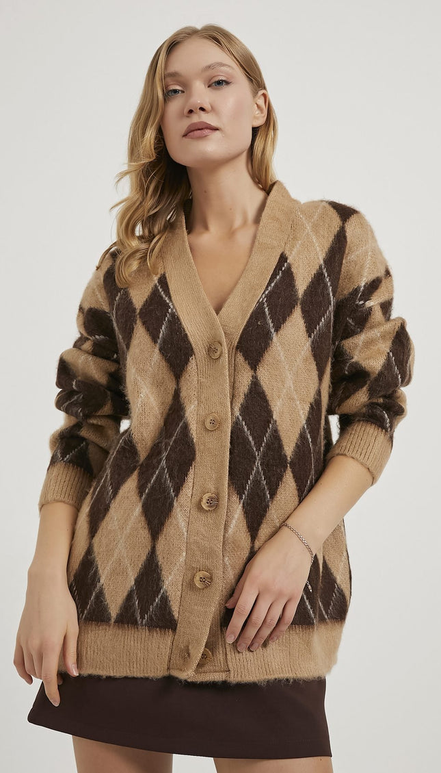 Premium Damen-Karierte Strickjacke beige/braun