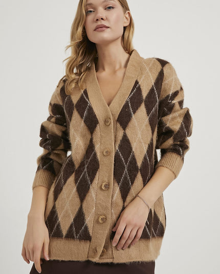 Premium Damen-Karierte Strickjacke beige/braun