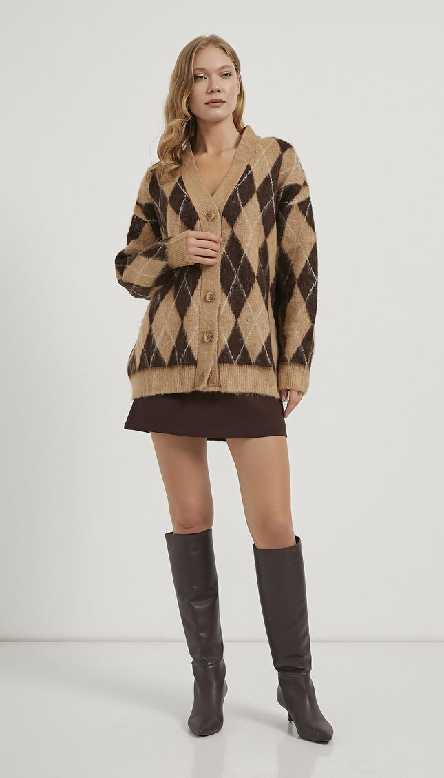 Premium Damen-Karierte Strickjacke beige/braun