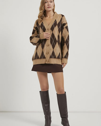 Premium Damen-Karierte Strickjacke beige/braun