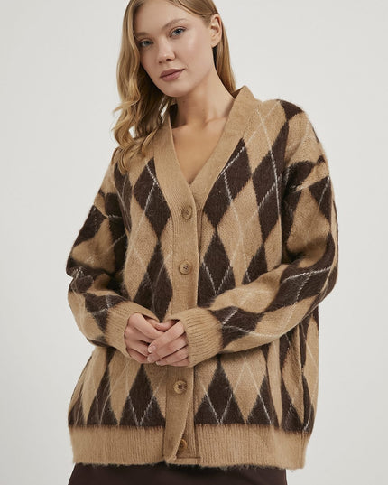 Premium Damen-Karierte Strickjacke beige/braun