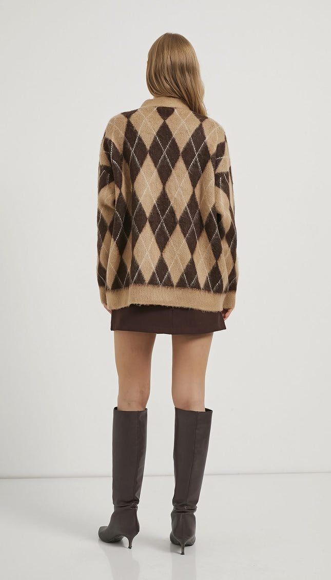Premium Damen-Karierte Strickjacke beige/braun