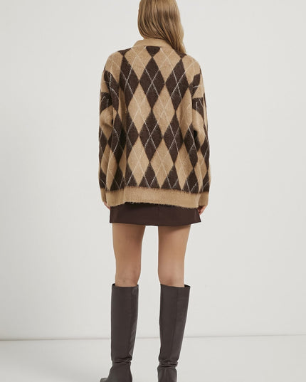 Premium Damen-Karierte Strickjacke beige/braun