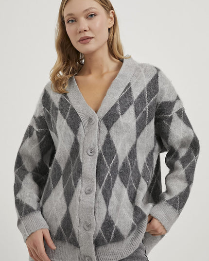 Premium Damen-Karierte Strickjacke grau/anthrazit