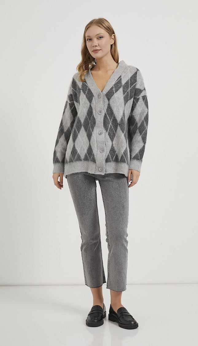 Premium Damen-Karierte Strickjacke grau/anthrazit