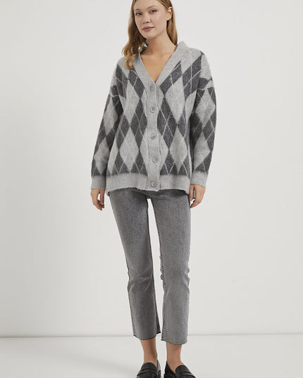 Premium Damen-Karierte Strickjacke grau/anthrazit