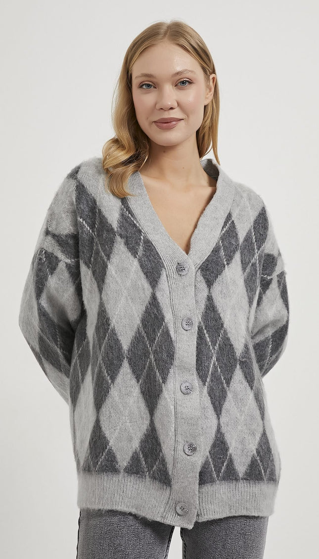 Premium Damen-Karierte Strickjacke grau/anthrazit