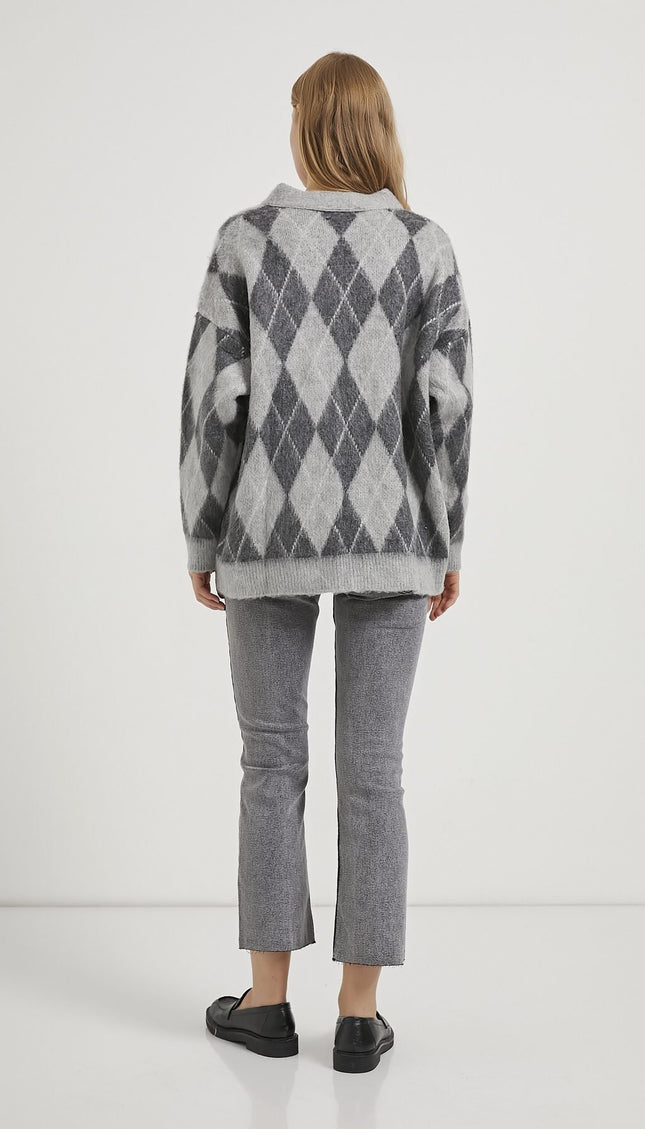 Premium Damen-Karierte Strickjacke grau/anthrazit