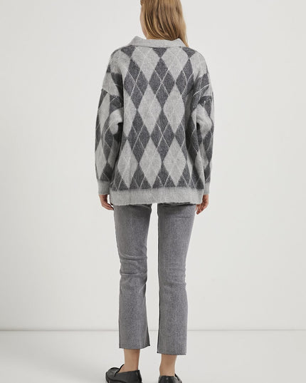 Premium Damen-Karierte Strickjacke grau/anthrazit