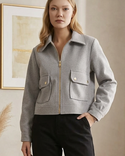 Women's jacket with zipper and flap pockets