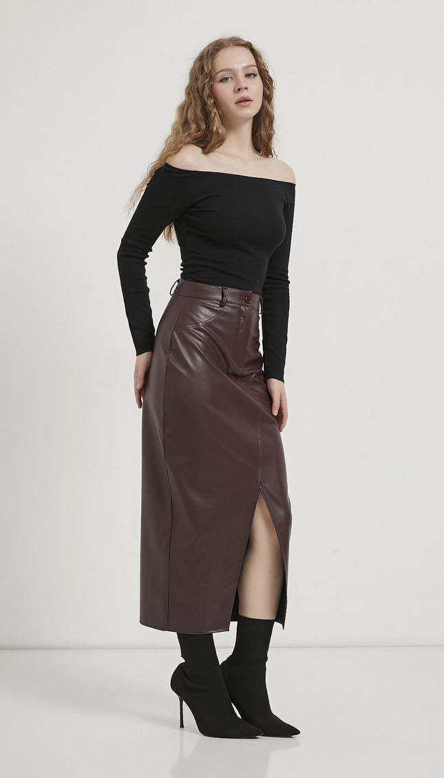 Kunstleder‑Damenrock mit Frontschlitz