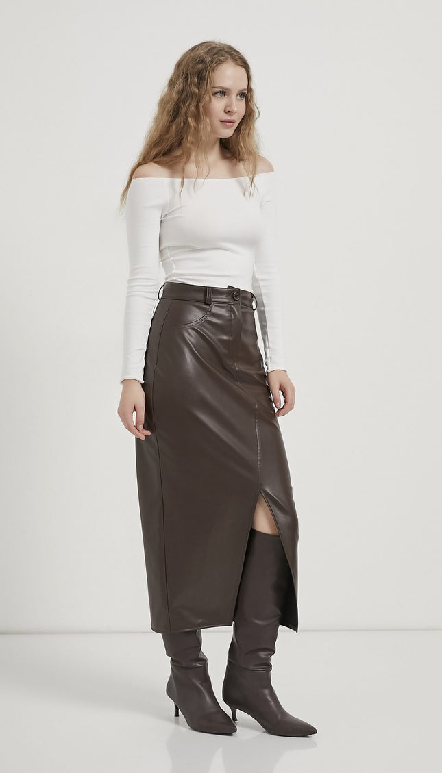 Kunstleder‑Damenrock mit Frontschlitz