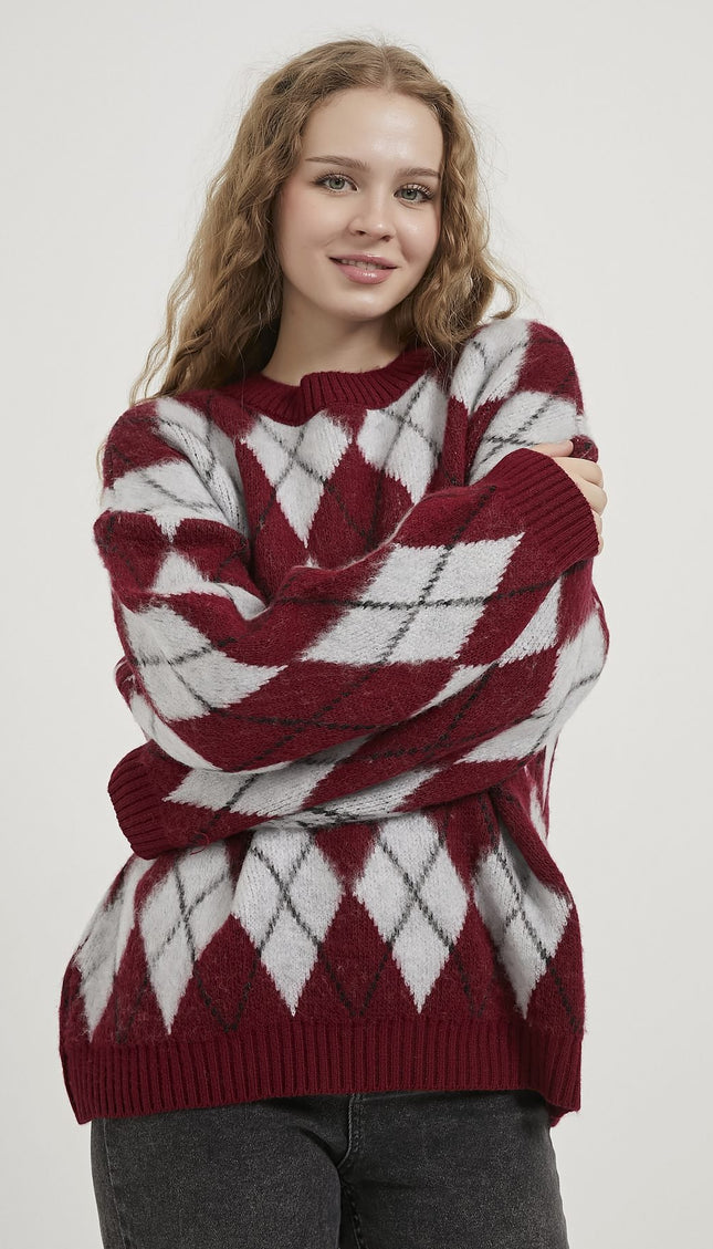 Damenpullover mit Diamantmuster bis Kragen bordeaux/grau