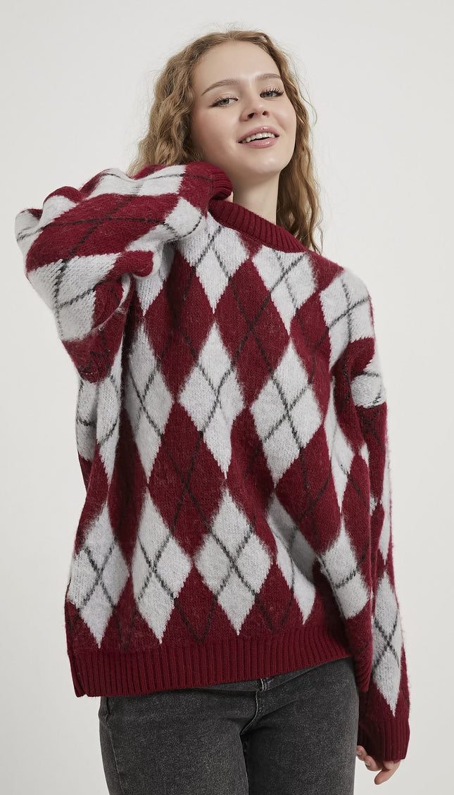 Damenpullover mit Diamantmuster bis Kragen bordeaux/grau