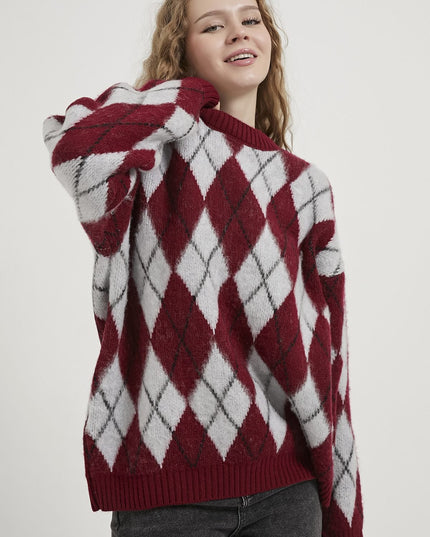 Damenpullover mit Diamantmuster bis Kragen bordeaux/grau