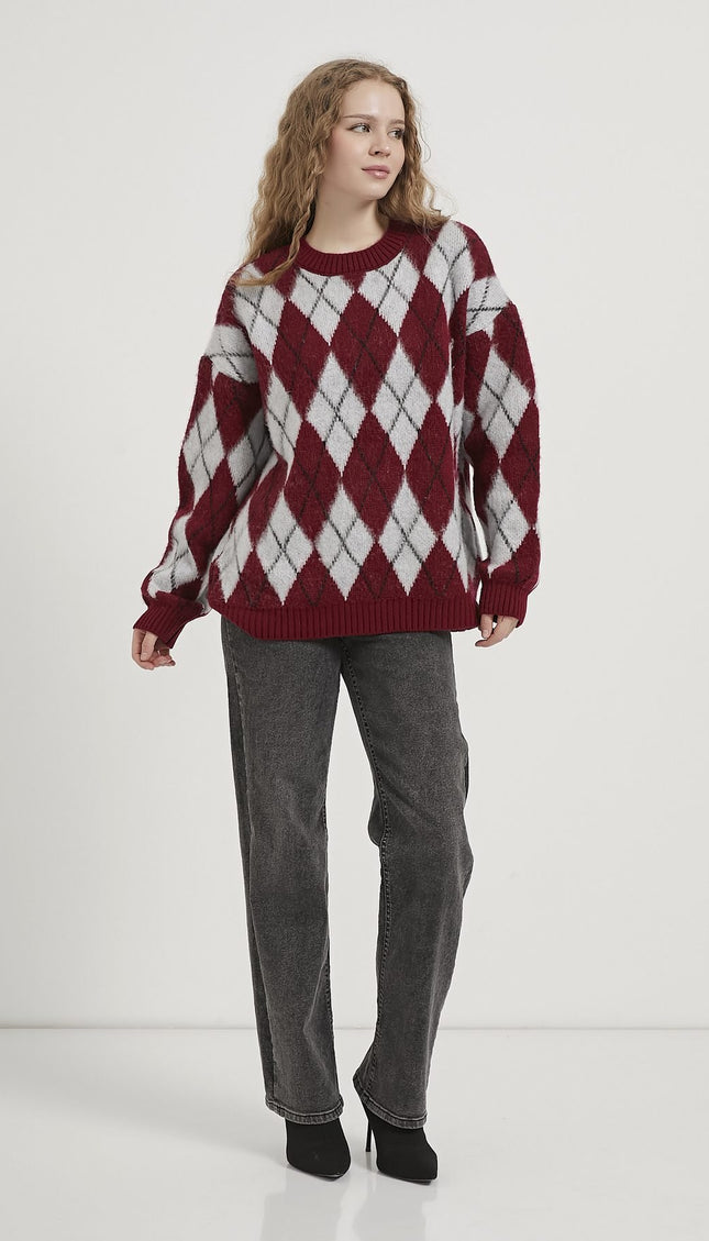 Damenpullover mit Diamantmuster bis Kragen bordeaux/grau