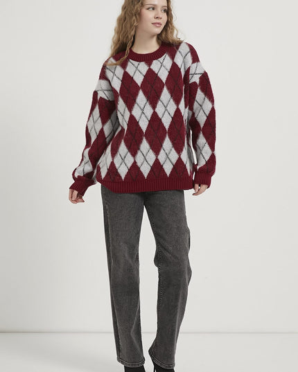 Damenpullover mit Diamantmuster bis Kragen bordeaux/grau