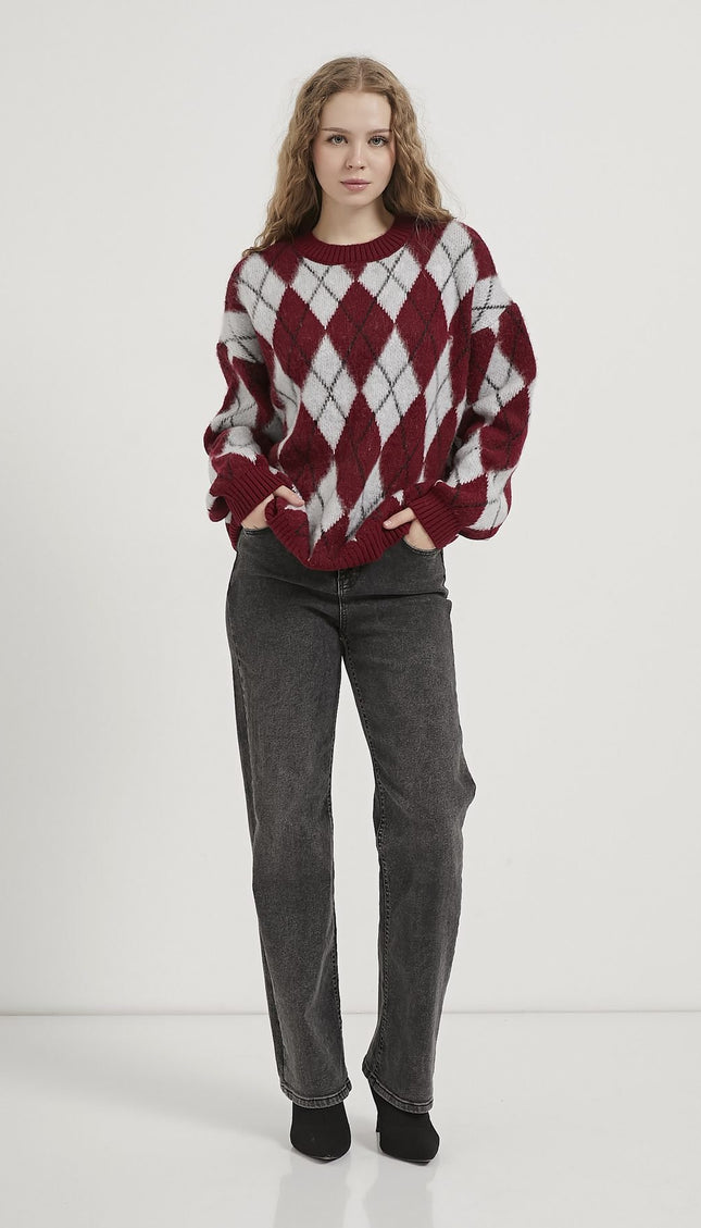 Damenpullover mit Diamantmuster bis Kragen bordeaux/grau