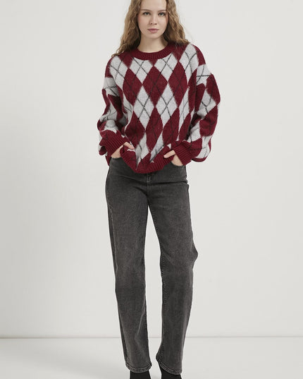 Damenpullover mit Diamantmuster bis Kragen bordeaux/grau