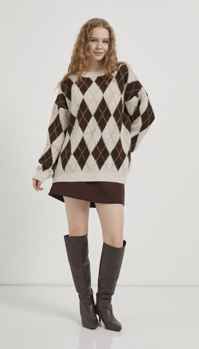 Damenpullover mit Diamantmuster bis Kragen braun/beige