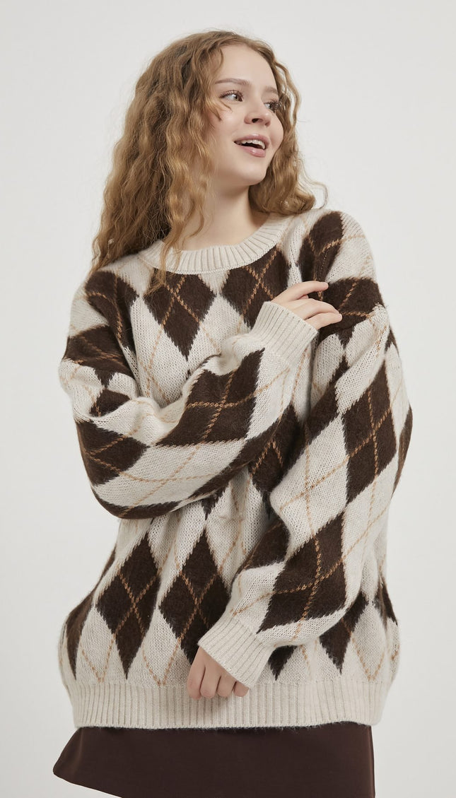 Damenpullover mit Diamantmuster bis Kragen braun/beige