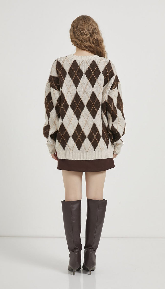 Damenpullover mit Diamantmuster bis Kragen braun/beige