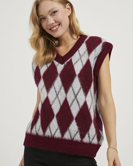 Damenpullover mit Diamantmuster mit V-ausschnitt grau/bordeaux
