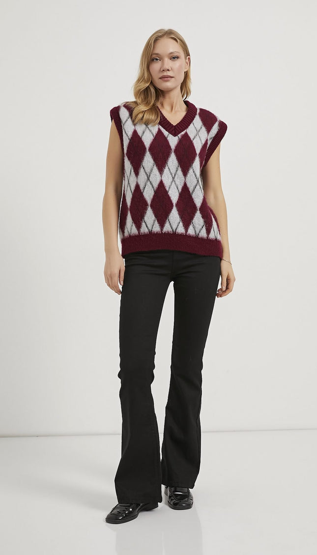 Damenpullover mit Diamantmuster mit V-ausschnitt grau/bordeaux