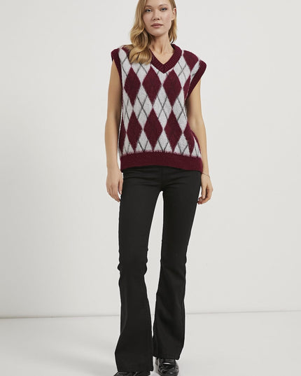 Damenpullover mit Diamantmuster mit V-ausschnitt grau/bordeaux