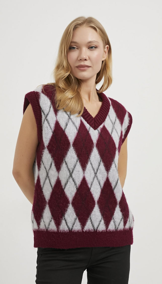 Damenpullover mit Diamantmuster mit V-ausschnitt grau/bordeaux