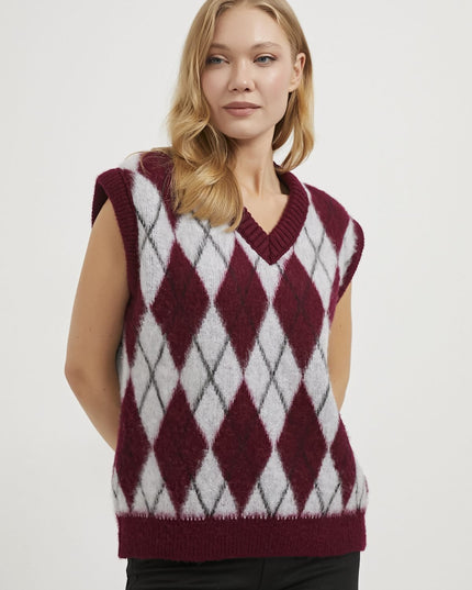 Damenpullover mit Diamantmuster mit V-ausschnitt grau/bordeaux