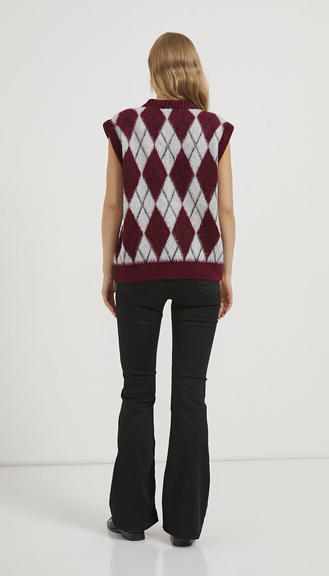 Damenpullover mit Diamantmuster mit V-ausschnitt grau/bordeaux