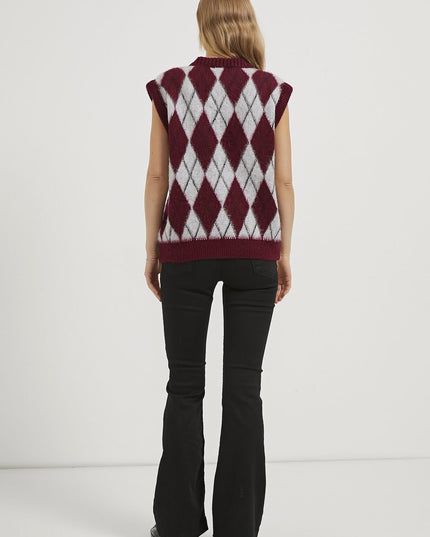 Damenpullover mit Diamantmuster mit V-ausschnitt grau/bordeaux