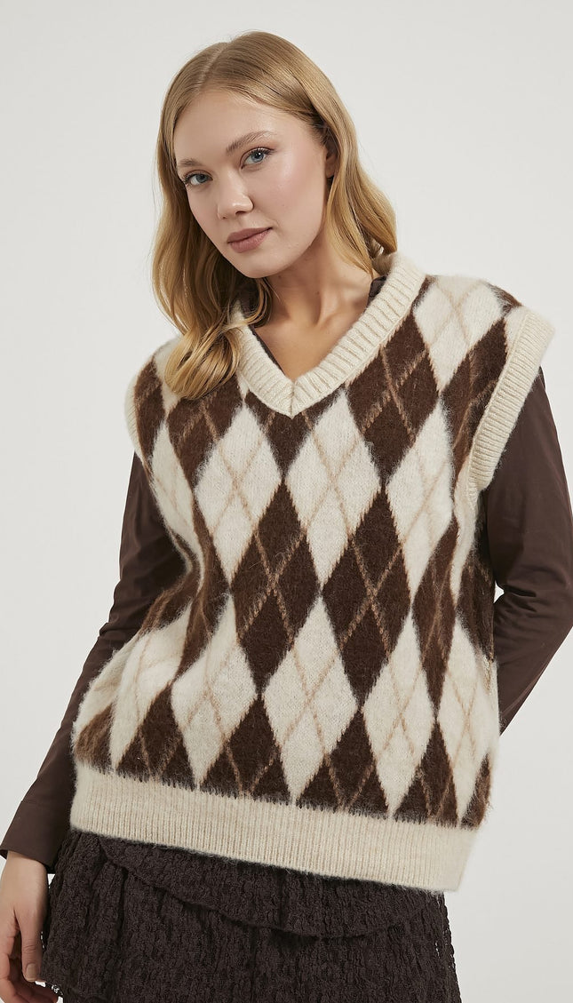 Damenpullover mit Diamantmuster mit V-ausschnitt braun/beige