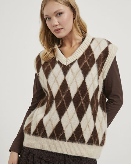Damenpullover mit Diamantmuster mit V-ausschnitt braun/beige