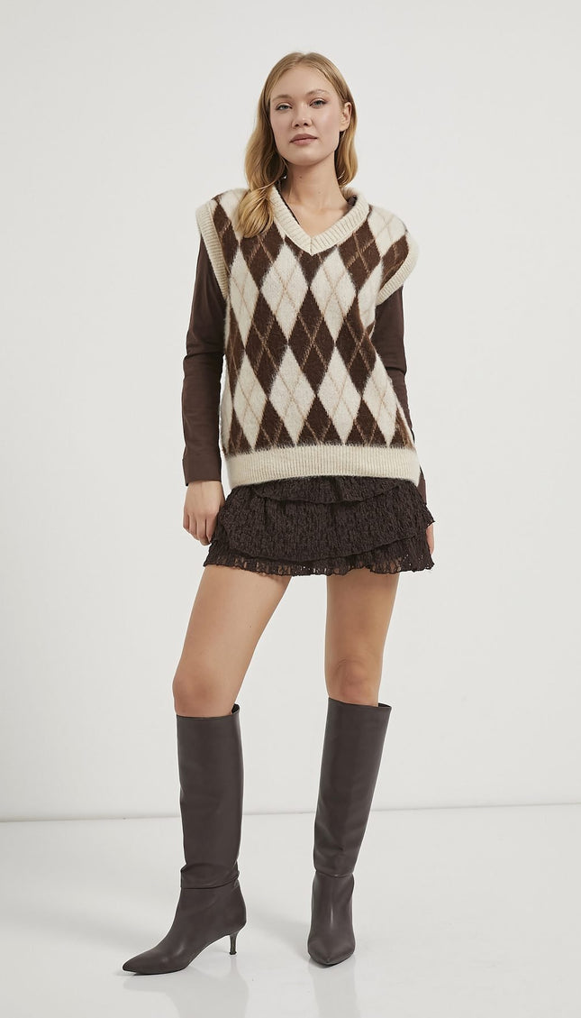 Damenpullover mit Diamantmuster mit V-ausschnitt braun/beige