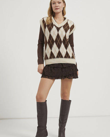 Damenpullover mit Diamantmuster mit V-ausschnitt braun/beige