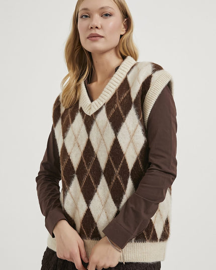 Damenpullover mit Diamantmuster mit V-ausschnitt braun/beige