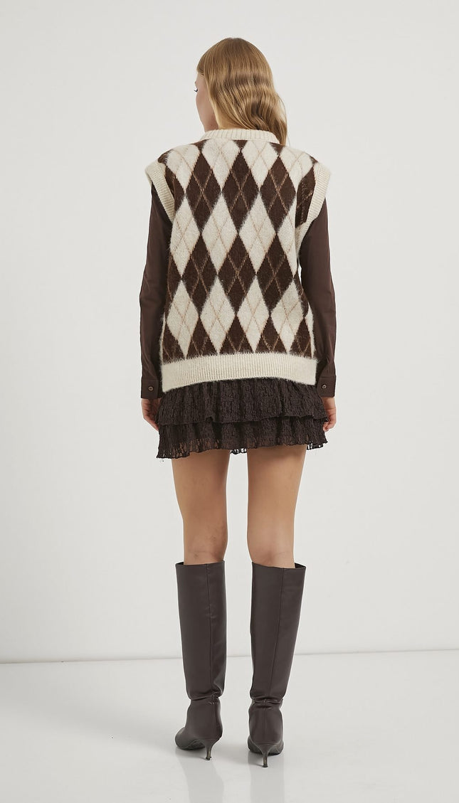 Damenpullover mit Diamantmuster mit V-ausschnitt braun/beige