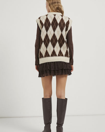 Damenpullover mit Diamantmuster mit V-ausschnitt braun/beige