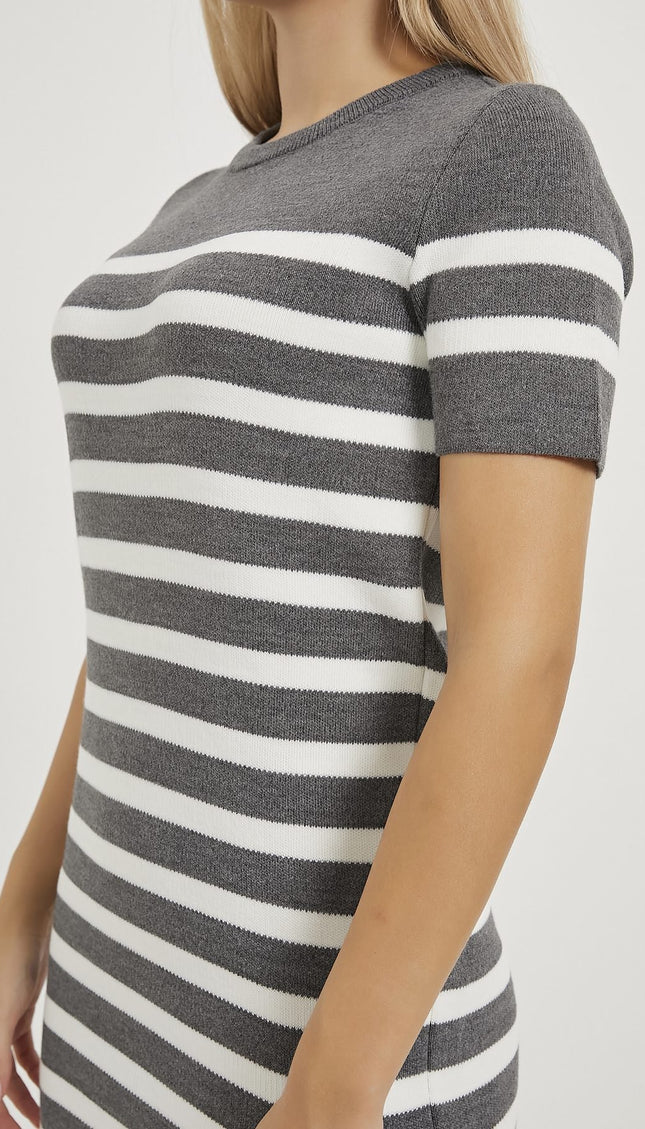 Kurzärmeliges Frauenkleid mit bis-Kragen anthrazit/weiß