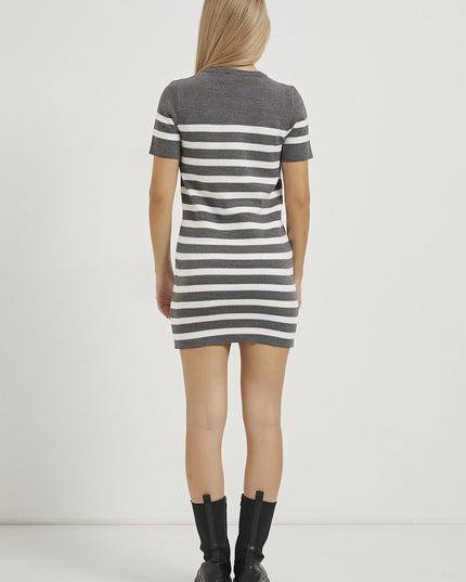 Kurzärmeliges Frauenkleid mit bis-Kragen anthrazit/weiß