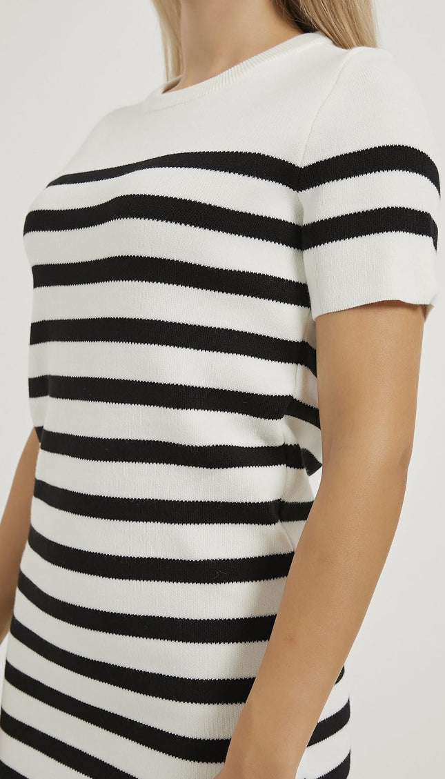 Kurzärmeliges Frauenkleid mit bis-Kragen weiß/schwarz