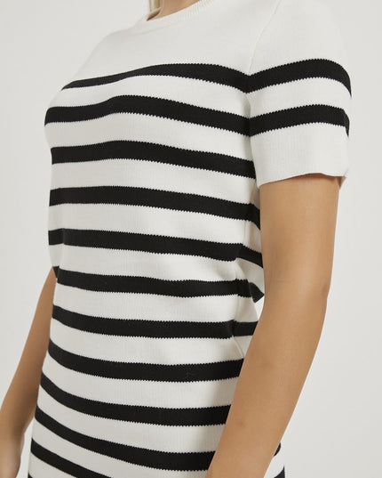 Kurzärmeliges Frauenkleid mit bis-Kragen weiß/schwarz