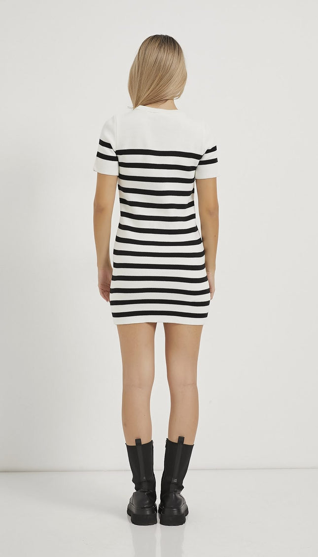 Kurzärmeliges Frauenkleid mit bis-Kragen weiß/schwarz