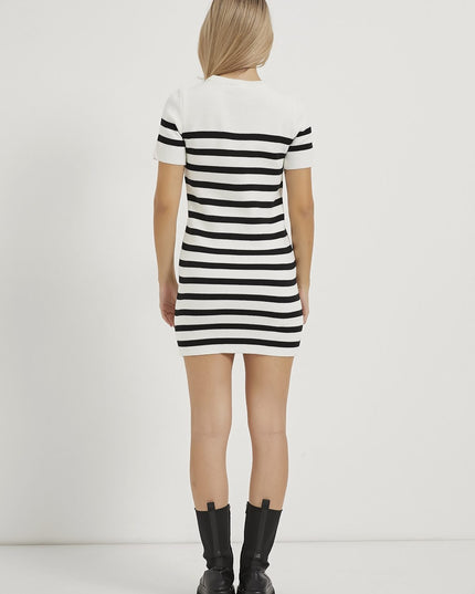 Kurzärmeliges Frauenkleid mit bis-Kragen weiß/schwarz