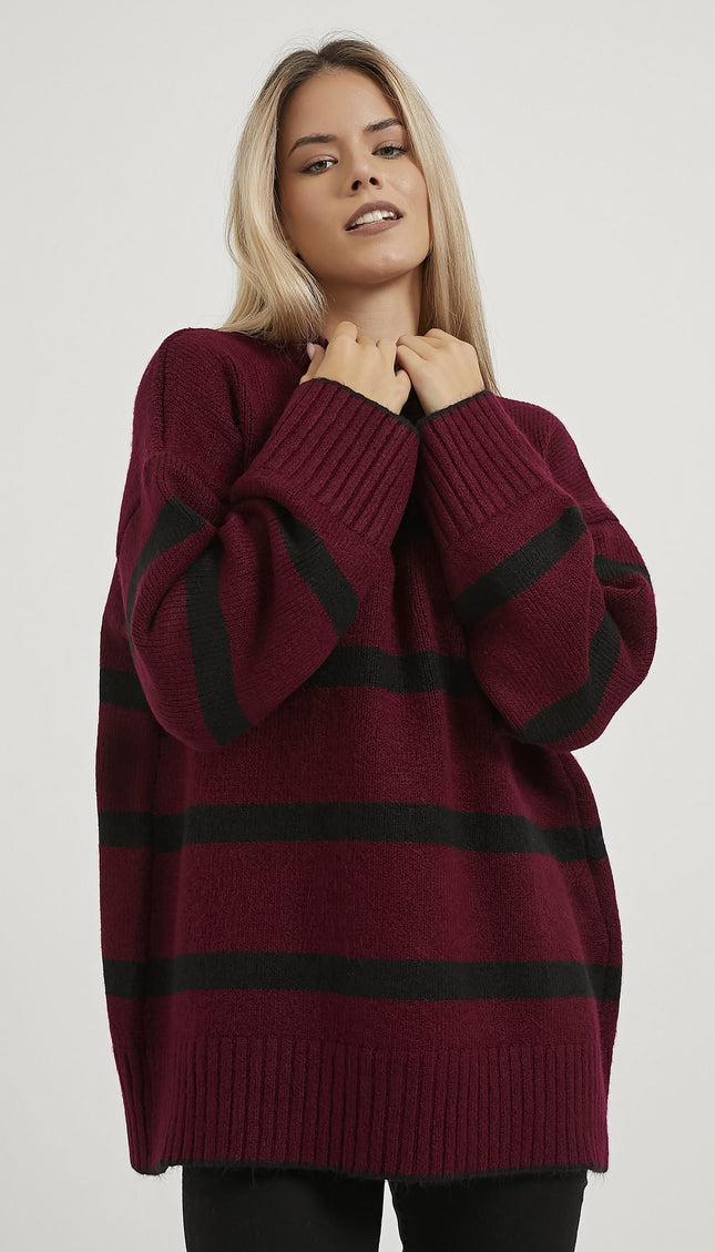 Oversize-Strickpullover mit Bisskragen bordeaux/schwarz